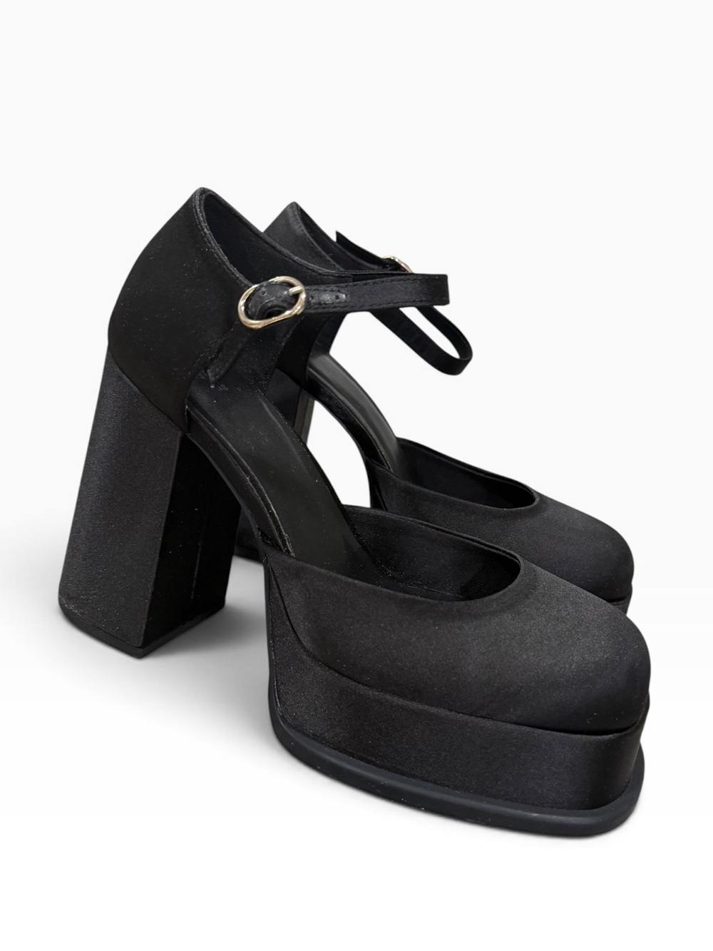 H&M Women’s Black Platform Satin Chunky Block Heel Pumps Y2K Chic | Size 7.5